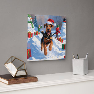 Horloge Carrée Scène de neige festive de Noël d'Airedale