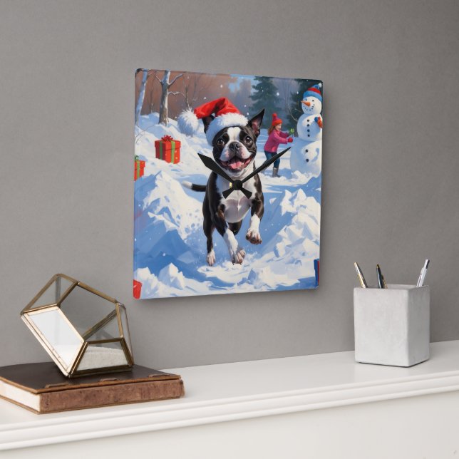 Horloge Carrée Scène de Noël du festival Terrier de Boston (Bureau)