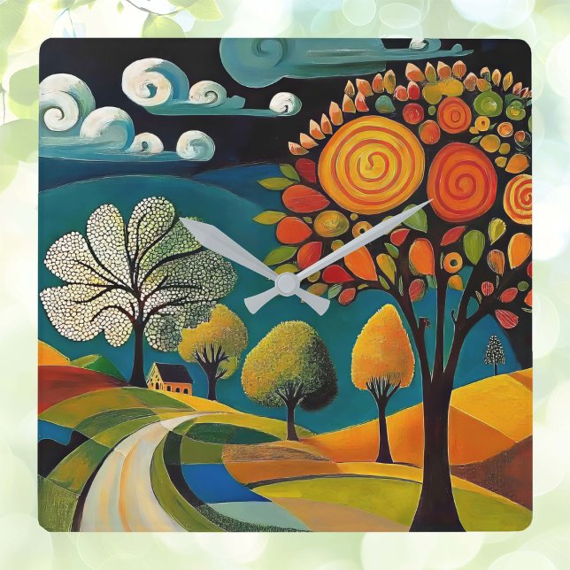 Horloge Carrée Scène de pays Folksy (Créateur téléchargé)