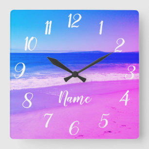 Horloge Carrée Scène de plage ombrée rose aqua personnalisée