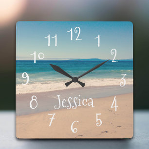 Horloge Carrée Scène de plage personnalisée Aqua bord de mer