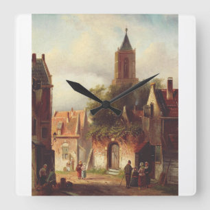 Horloge Carrée Scène de rue hollandaise par Charles Leickert Pays