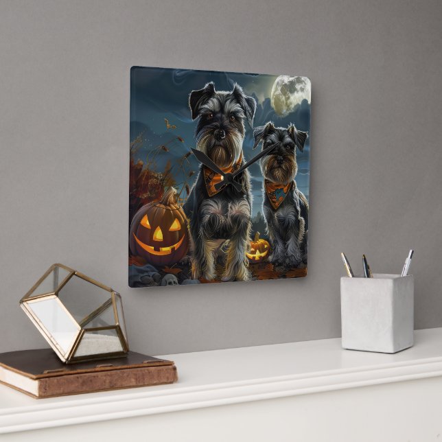 Horloge Carrée Schnauzer Halloween Éffrayant (Bureau)