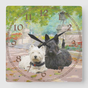 Horloge Carrée Scottie et Westie dans un jardin