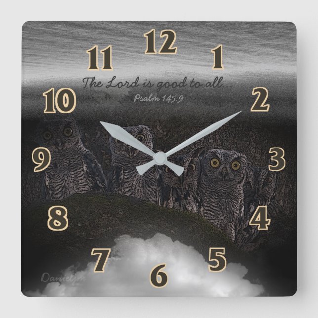 Horloge Carrée Scripture Psalm Owls (Recto)