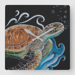 Horloge Carrée Sea Turtle Bubbles Wave Art