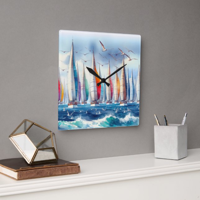 Horloge Carrée Seagulls Soaring With a Sailboat Regatta (Bureau)