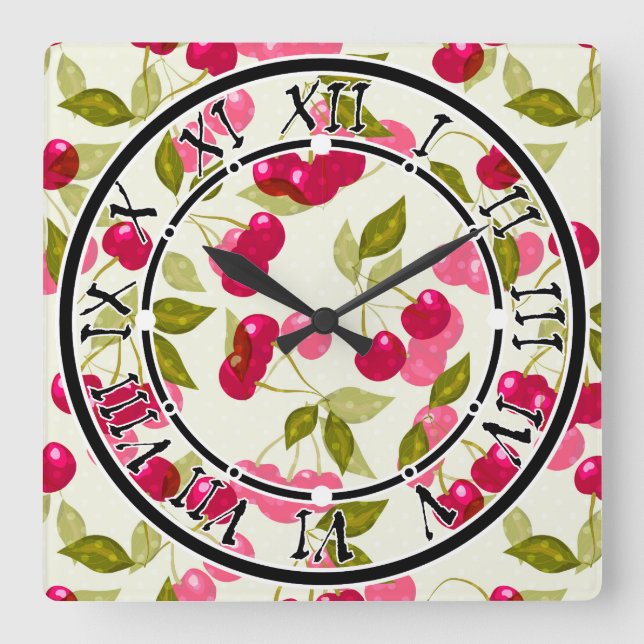 Horloge Carrée Seamless red cartoon cherry berry cute pattern whi (Recto)
