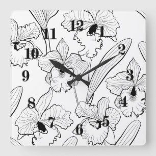 Horloge Carrée Seamless sketched orchid cattleya flowers tropical