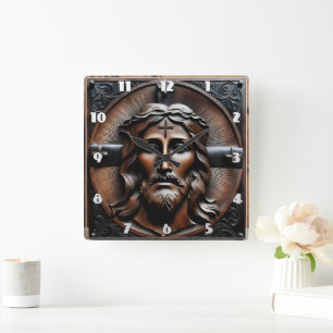 Horloge Carrée Secours sculpté de Jésus avec croix Arrière - plan