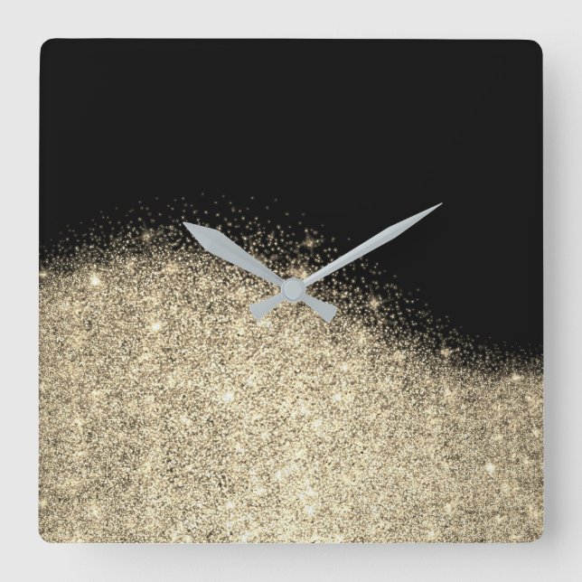 Horloge Carrée Sepia Faux Gold Parties scintillant noire Gris Mét (Recto)