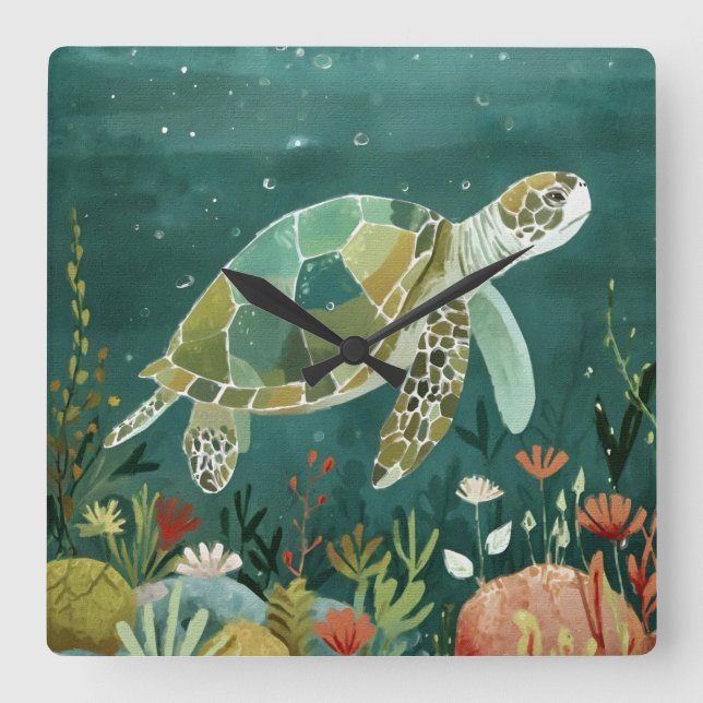 Horloge Carrée Serene Sea Turtle : Oasis sous-marine (Recto)