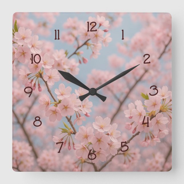 Horloge Carrée Sérénité cerise en fleurs (Recto)