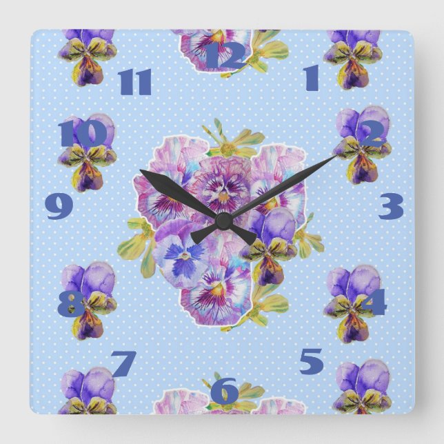 Horloge Carrée Shabby Chic Bleu Pensées Pensée Floral Point Point (Recto)