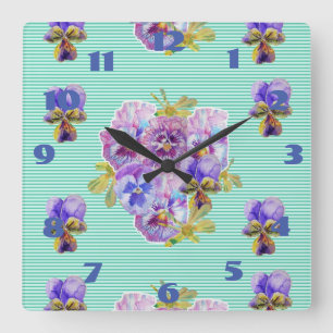 Horloge Carrée Shabby Pansies Pansy Floral Aqua Turquoise