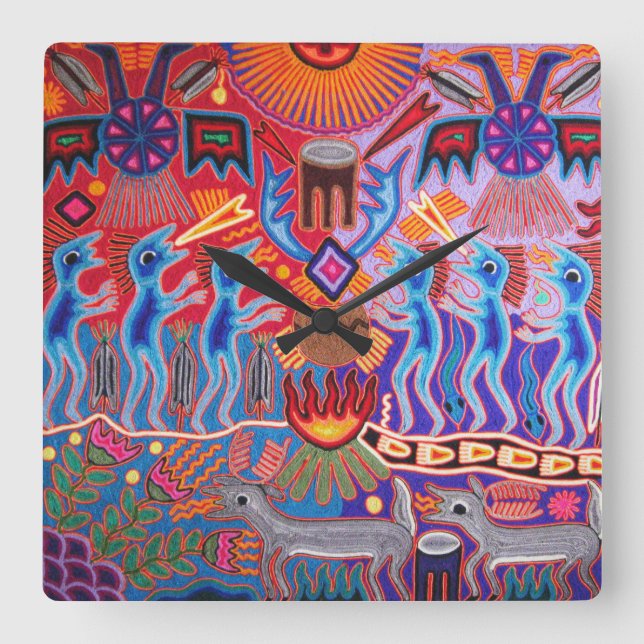 Horloge Carrée Shaman Hunter Sun Ritual Huichol (Recto)