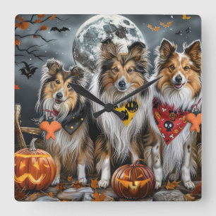 Horloge Carrée Shetland Sheepdog Halloween Épouvantable 