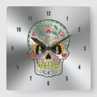 Shiny Gray Stainless Steel & Colorful Floral Skull