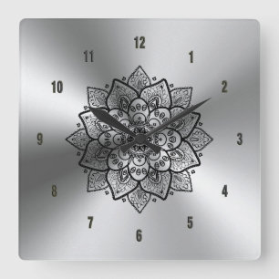Horloge Carrée Shiny Metallic Stainless Steel & Black Mandala