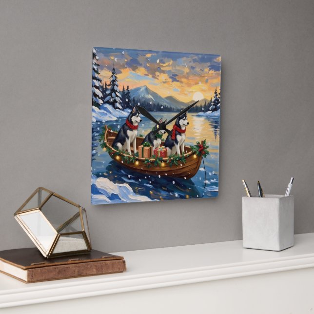 Horloge Carrée Siberian Husky Christmas Boat Holiday (Bureau)