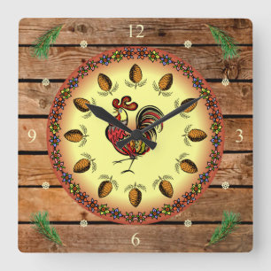 Horloge Carrée Signe de grange ~ Signe hexagonale ~ Coq ~ Cônes d