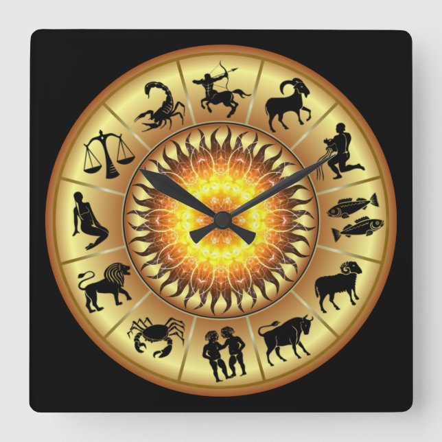 Horloge Carrée Signes Zodiac ~ Sun Center grillé ~ (Recto)