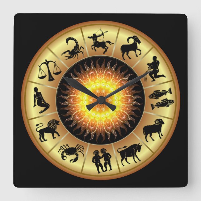 Horloge Carrée Signes Zodiac ~ Sun Center grillé ~ (Recto)