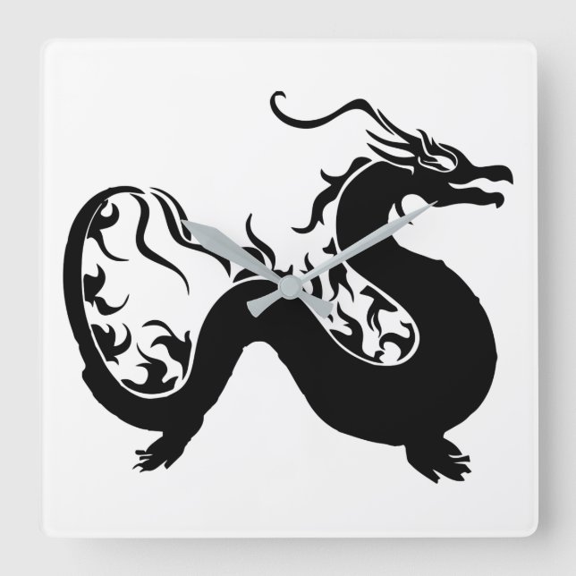 Horloge Carrée Silhouette dragon asiatique (Recto)