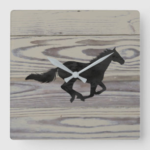 Horloge Carrée Silhouette galopante en bois rustique d'aquarelle