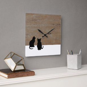 Horloge Carrée Silhouettes de chats noirs modernes, animaux de co