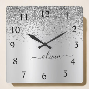 Horloge Carrée Silver Glitter Glam Metal Monogram Name