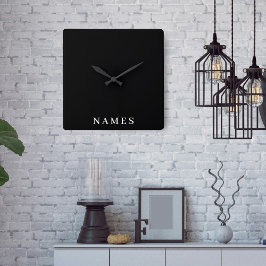 Horloge Carrée Simple Black Custom Ajouter Votre Nom Élégant