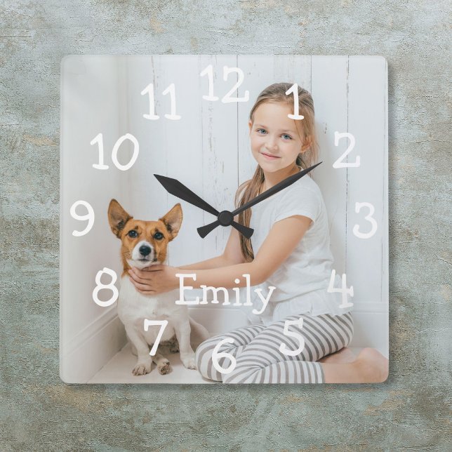 Horloge Carrée Simple Moderne Photo Personnalisée avec Nom (Simple Modern Personalized Name Photo Square Wall Clock)