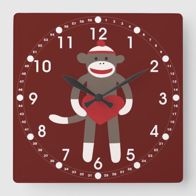Horloge Carrée Singe à soie mignonne avec Casquette tenant coeur (Recto)
