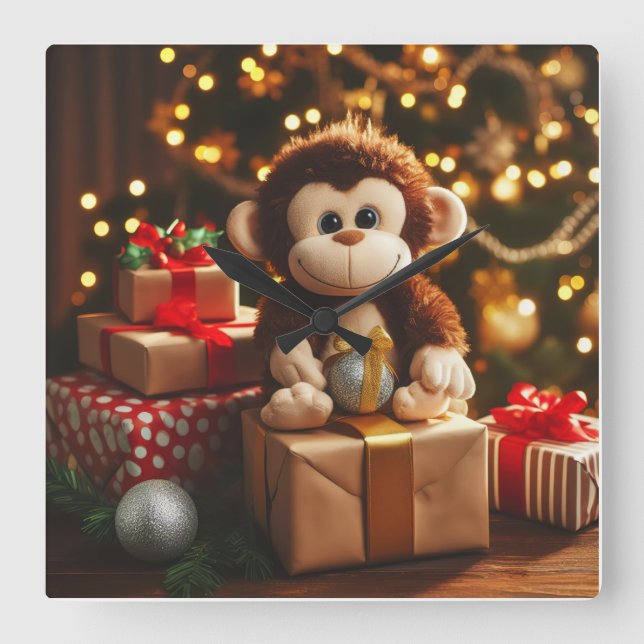 Horloge Carrée Singe mignon sur un cadeau de Noël (Recto)