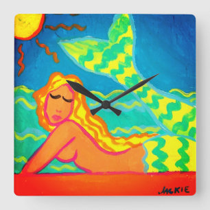 Horloge Carrée Sirène au soleil Tableau Abstrait