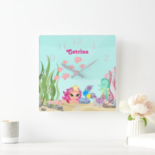 Horloge Carrée Sirène personnalisée et Axolotl