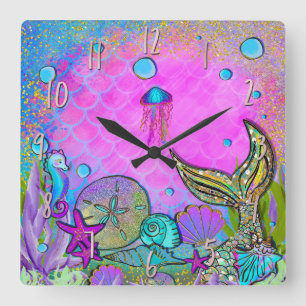 Horloge Carrée Sirènes et Coquillages Rose Pailleté Étincelles