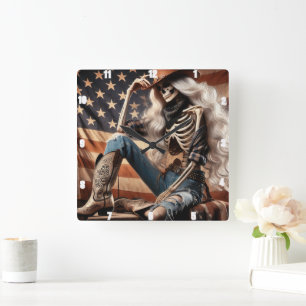 Horloge Carrée Skeleton Cowgirl Western Outfit Patriotique Améric