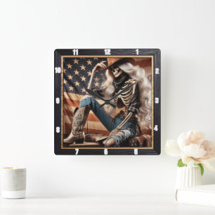 Horloge Carrée Skeleton Cowgirl Western Outfit Patriotique Améric