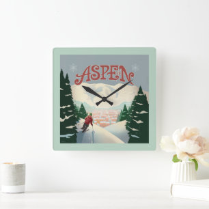 Horloge Carrée Skier d'Aspen   Colorado