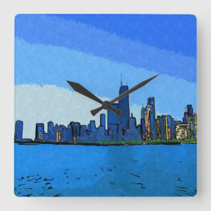 Horloge Carrée Skyline de Chicago dans Collage Paint