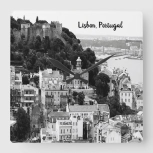 Horloge Carrée Skyline noir et blanc Lisbonne Portugal