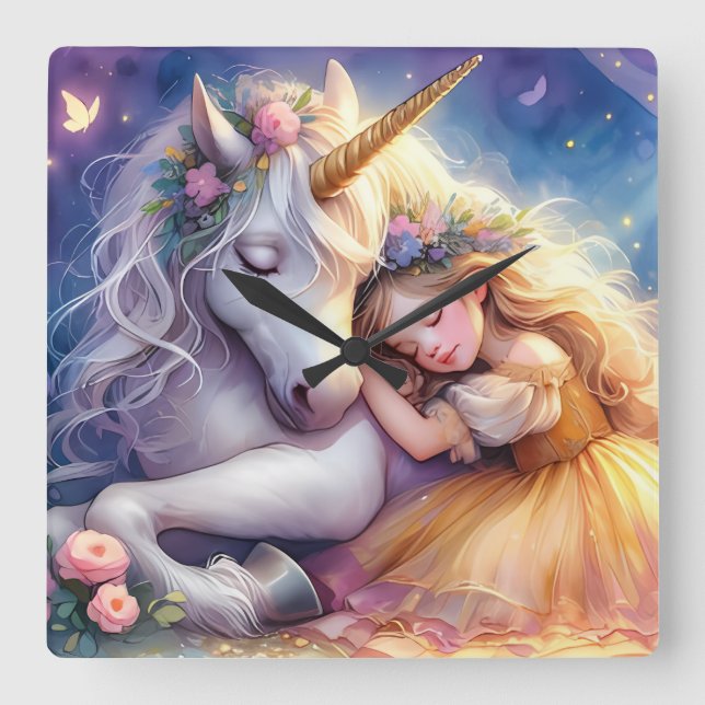 Horloge Carrée Sleeping Girl Unicorn Dreamscape (Recto)