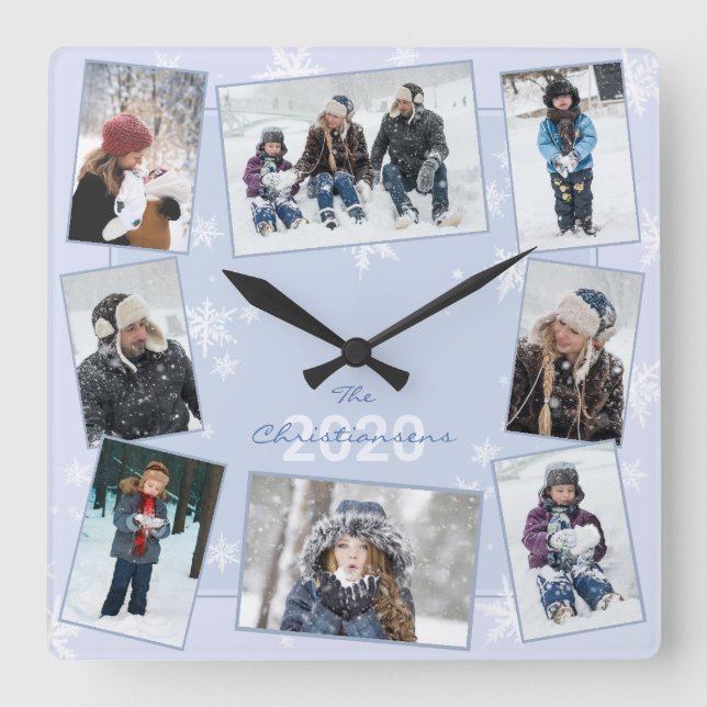 Horloge Carrée Snowflakes d'hiver Famille Photo Collage Nom Année (Recto)