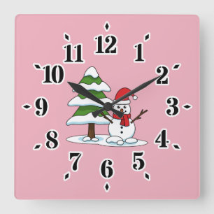 Horloge Carrée Snowman avec Snowman Pine Tree
