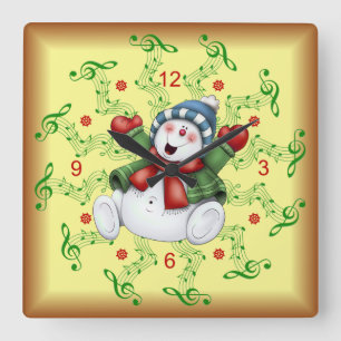 Horloge Carrée Snowman souriant ~ Scrolls musicaux ~ Noël ~