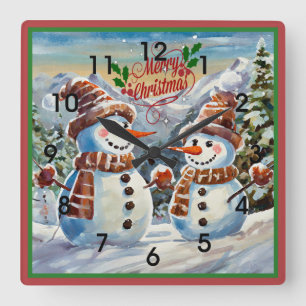 Horloge Carrée Snowmen, Joyeux Noël,
