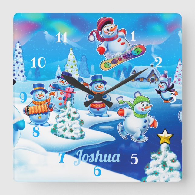 Horloge Carrée Snowmen Winter Wonderland. Large clock (Recto)