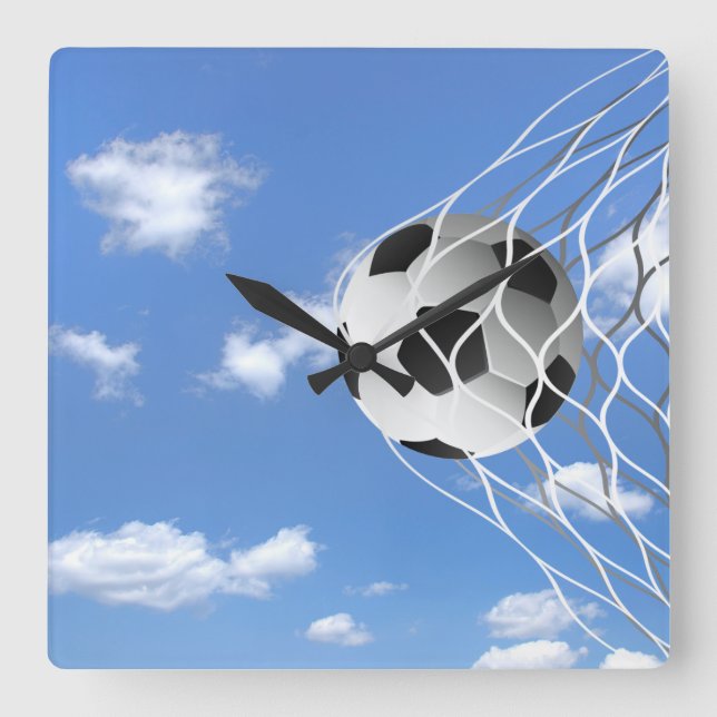 Horloge Carrée Soccer Ball in net with sky (Recto)